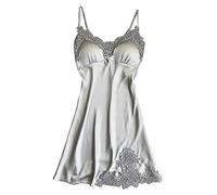 Betory Sexy Lingerie for Women Lace Chemise Satin Silk Sleepwear Babydoll Teddy Lingerie Nightie Bridal Nightgown (Silver,3X-Large)