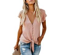 Betory Women's Summer V Neck Tank Tops Tie Front Button Up Casual Loose Sleeveless Shirts Blouse Vests, Pink, M