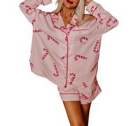Betrodi Christmas Silk Satin Pyjamas for Women Xmas Printed Long Sleeve Shirt Button Down Sleepwear 2piece Pjs Shorts Set(Pink,XL)