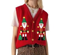 Betrodi Women Christmas Sweater Vest Button Up Stylish Soldier Embroidered Ribbed V Neck Sleeveless Knitted Tank Tops (Red-Soldier, S)