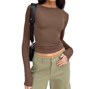 Betrodi Women Crewneck Skinny Shirt Long Sleeve Basic Slim Fit Crop Tops Solid Tight Tee Shirts Fashion Streetwear Y2k(Casual Brown,M)