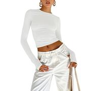 Betrodi Women Crewneck Skinny Shirt Long Sleeve Basic Slim Fit Crop Tops Solid Tight Tee Shirts Fashion Streetwear Y2k(Chic White,M)