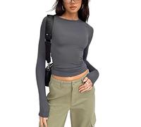 Betrodi Women Crewneck Skinny Shirt Long Sleeve Basic Slim Fit Crop Tops Solid Tight Tee Shirts Fashion Streetwear Y2k(Casual Gray,M)