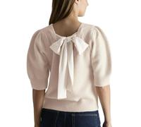 Betrodi Women Cute Bow Sweater Puff Short Sleeve Crewneck Knitted Shirt Bowknot Tie Back Knit Pullover Tops (White, M)
