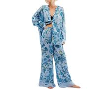 Betrodi Women Floral Silk Pyjamas Set Button Down Shirt Wide Leg Pants 2 Piece Satin Pjs Lounge Outfits Sleepwear (Light Blue, S)