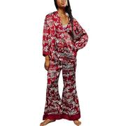Betrodi Women Floral Silk Pyjamas Set Button Down Shirt Wide Leg Pants 2 Piece Satin Pjs Lounge Outfits Sleepwear (Rose Red, L)