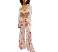 Betrodi Women Floral Silk Pyjamas Set Button Down Shirt Wide Leg Pants 2 Piece Satin Pjs Lounge Outfits Sleepwear (White, L)