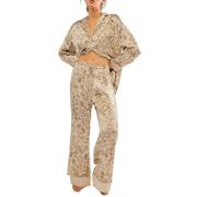 Betrodi Women Floral Silk Pyjamas Set Button Down Shirt Wide Leg Pants 2 Piece Satin Pjs Lounge Outfits Sleepwear (Khaki, L)
