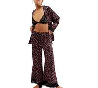 Betrodi Women Floral Silk Pyjamas Set Button Down Shirt Wide Leg Pants 2 Piece Satin Pjs Lounge Outfits Sleepwear (Black, L)