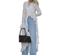 Betrodi Women Lace Floral Long Cardigan Sheer Mesh Long Sleeve Ruffled Flowy Maxi Top Lightweight Elegant V Neck Shirt Cover Up (Elegant White, M)