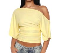 Betrodi Women Off The Shoulder Crop Top Half Sleeve Ruched Asymmetrical Dolman Short Sleeve Top Y2k Going Out T Shirt Streetwear (Yellow, M)