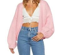 Betrodi Women Oversized Crochet Cardigan Sweaters Cute Open Front Long Sleeve Outerwear Cropped Chunky Loose Jumper Tops Cardigan(Cute Pink,Large)