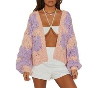 Betrodi Women Oversized Crochet Cardigan Sweaters Cute Open Front Long Sleeve Outerwear Cropped Chunky Loose Jumper Tops Cardigan(Cute Purple,Medium)