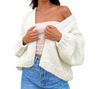Betrodi Women Oversized Crochet Cardigan Sweaters Cute Open Front Long Sleeve Outerwear Cropped Chunky Loose Jumper Tops Cardigan(Cute White,Large)