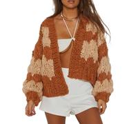 Betrodi Women Oversized Crochet Cardigan Sweaters Cute Open Front Long Sleeve Outerwear Cropped Chunky Loose Jumper Tops Cardigan(Cute Brown,Large)