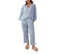 Betrodi Women Plaid 2 Piece Pyjamas Set Ruffle Hem Button Down Babydoll Shirt Bell Bottom Pants Gingham Lounge Set Sleepwear(Long Sleeve Blue,L)
