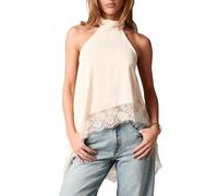 Betrodi Women Satin Halter Tank Top Mock Neck Lace Asymmetrical Top Silk High Neck Sleeveless Going Out Tops (White, S)