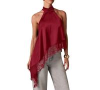 Betrodi Women Satin Halter Tank Top Mock Neck Lace Asymmetrical Top Silk High Neck Sleeveless Going Out Tops (Red, S)