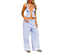 Betrodi Women Sexy 2 Piece Pants Outfits Tie Backless Cutout Crop Halter Top Wide Leg Loose Pants Sleeveless Pants Suit Set (Striped Sky Blue, M)
