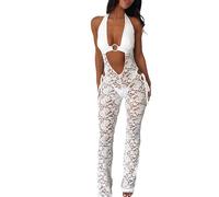 Betrodi Women Sexy Lace Jumpsuit See Through Halter Neck Cutout Romper Pant Sheer Bodysuit Y2k One Piece Outfit Clubwear(G-White 7,S)