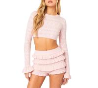 Betrodi Women Y2k Knit Ruffle Shorts 2 Piece Outfits Long Sleeve Crop Top Hollow Out Layered Bloomer Shorts Going Out Set(Outfits Pink,S)