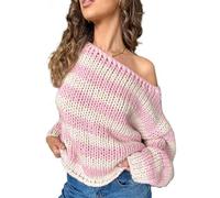 Betrodi Women Y2k Oversized Striped Sweater Colorblock Off The Shoulder Jumpers Top Preppy Retro Long Sleeve Pullovers(Cute Pink,M)
