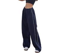Betrodi Women Y2k Parachute Pants Baggy Cargo Pants with Pockets Elastic Low Waist Stripe Sweatpants Wide Leg Trousers Joggers (Great Navy Blue, S)