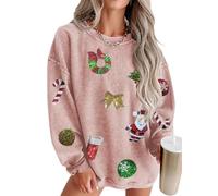 Betrodi Womens Christmas Sweatshirt Xmas Graphic Long Sleeve Crewneck Jumper Pullover Tops Cute Candy Canes Print Baggy Hoodie Top (Xmas Pink, M)