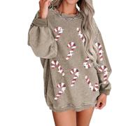 Betrodi Womens Christmas Sweatshirt Xmas Graphic Long Sleeve Crewneck Jumper Pullover Tops Cute Candy Canes Print Baggy Hoodie Top (Candy Canes Khaki, L)