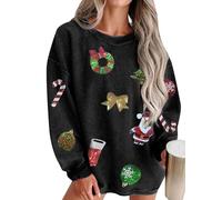 Betrodi Womens Christmas Sweatshirt Xmas Graphic Long Sleeve Crewneck Jumper Pullover Tops Cute Candy Canes Print Baggy Hoodie Top (Xmas Black, S)
