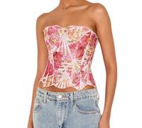 Betrodi Womens Lace Floral Boned Corset Hollow Out Mesh Gothic Bustier Lingerie Top Strapless Vintage Renaissance Shapewear (Sexy Pink, M)