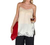 Betrodi Womens Lace Trim Asymmetrical Top Y2k Silk Satin Irregular Hem Cami Vest Top V Neck Patchwork Coquette Going Out Tops (Sexy White,X-Large)