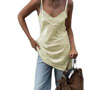 Betrodi Womens Lace Trim Asymmetrical Top Y2k Silk Satin Irregular Hem Cami Vest Top V Neck Patchwork Coquette Going Out Tops (Casual Yellow,Medium)
