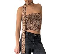 Betrodi Women's Leopard Tube Top Cheetah Printed Top Sleeveless Ruched Strapless Mesh Halter Tops Y2k Going Out Party Clubwear (Brown, M)