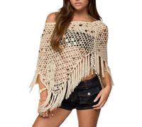 Betrodi Womens Sequin Crochet Knit Poncho Tops One Shoulder Sheer Cover Ups Hollow Out Poncho Shrug Fishnet Shawl with Fringe(Fashion Beige,One Size)