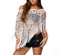Betrodi Womens Sequin Crochet Knit Poncho Tops One Shoulder Sheer Cover Ups Hollow Out Poncho Shrug Fishnet Shawl with Fringe(Fashion Withe,One Size)