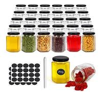 Betrome 30 Pack 6 oz Hexagon Glass Jars with Black Lids, 180ml Clear Glass Canning Jars Honey Jars Spice Jars Mason Jars for Herb, Jams, Shower Favors, Wedding Favors, Craft, 1 Pen and Labels Included