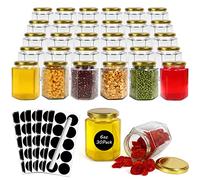 Betrome 30 Pack 6oz Hexagon Glass Jars With Gold Lids, 180ml Clear Canning Mason Jars for Honey, Spice, Jams, Shower and Wedding Favors, Craft - 1 Pen and Labels Included