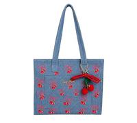 Betsey Johnson Cherry Bow Denim Tote Bag, Embroidered Cherry and Bow Design with Charm Accent, 13x10.5 in (Blue)
