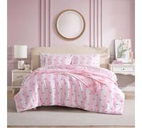 Betsey Johnson - Comforter Set, Super Soft Bedding with Matching Sham & Sheets, Includes Bonus Pillowcase & Reversible Plush Throw, Valentine's Day Gifts (Bow Stripe Pink, Full)