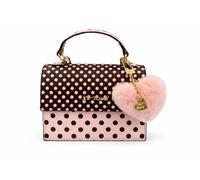 Betsey Johnson Crossbody Bag with Attached Charm, Dual Compartment, Adjustable Strap, 8x6 Inch, Brown & Pink Crossbody With Fuzzy Pink Heart Charm, 6.5" H x 8" W x 3.5" D