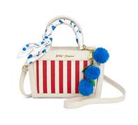 Betsey Johnson Crossbody Bag with Attached Charm, Dual Compartment, Adjustable Strap, 8x6 Inch, Red Stripes With Blueberry Charm, One Size