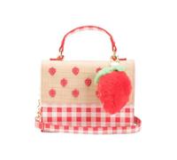Betsey Johnson Crossbody Bag with Attached Charm, Dual Compartment, Adjustable Strap, 8x6 Inch, Strawberry Gingham, One Size