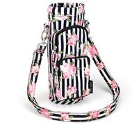 Betsey Johnson Insulated Water Bottle Pouch Holder Carrier Crossbag with Adjustable Shoulder Strap - Lightweight Polyester Accessories with Pockets Good for Hiking Travelling Sports(Stripe Roses)