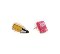 Betsey Johnson School Theme Stud Earrings, Mismatched Pencil and Notebook Design, Gold Tone