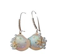 Betsey Johnson Women's Dangle Earrings - Iridescent Seashell with Faux Pearl Beads, Gold Starfish and Crystal Accents