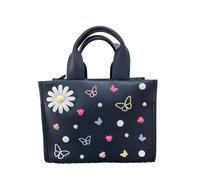 Betsey Johnson XO Nora Black Faux Leather 3D And Embroidered Charms Small Top Handle Tote Shoulder Bag Includes 3D Daisies, Butterflies, Lady Bugs, White Floral Charms With Silver Tone Ball Studs