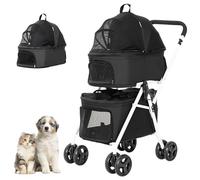 BETSOCCI Double Dog Stroller with 2 Detachable Carrier, Portable Pet Stroller for Small Dogs & Cats Folding Lightweight Puppy Travel Carriage, 4 Wheels, Black