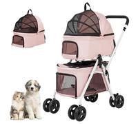 BETSOCCI Double Dog Stroller with 2 Detachable Carrier, Portable Pet Stroller for Small Dogs & Cats Folding Lightweight Puppy Travel Carriage, 4 Wheels, Pink