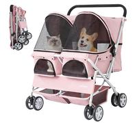 Betsocci Double Pet Stroller for 2 Small Dogs & Cats, Side-by-Side Twin Travel Carriage with Safety Leashes, Mesh Windows & Double Storage Baskets, Lightweight & Foldable, 44lbs Capacity, Pink